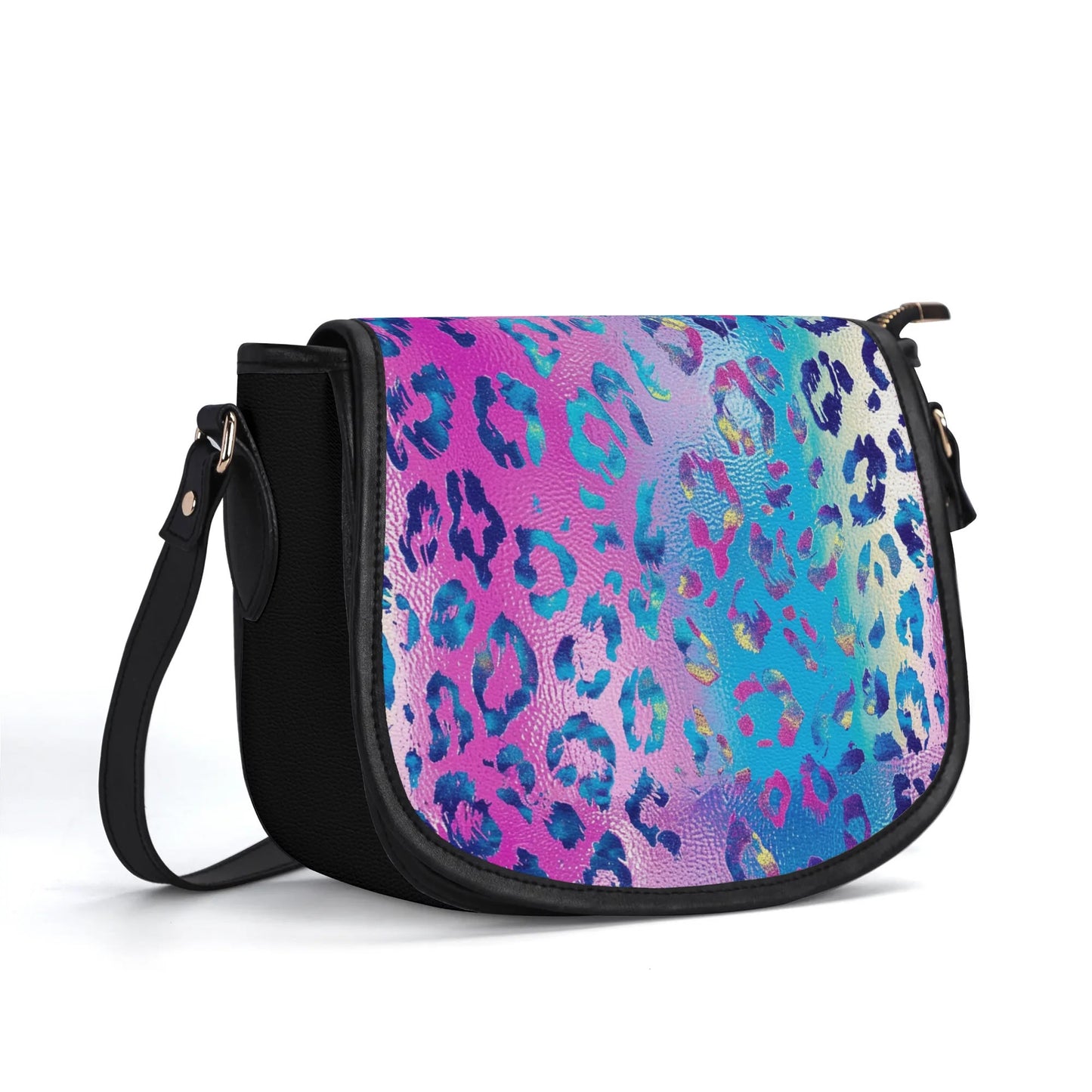 "Funky Leopard saddle handbag with vibrant abstract design, secure closure, and adjustable strap."