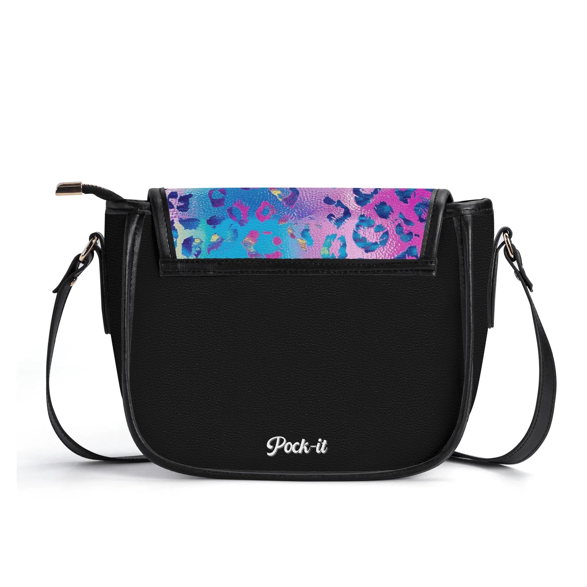 "Funky Leopard saddle handbag with vibrant abstract design, secure closure, and adjustable strap."