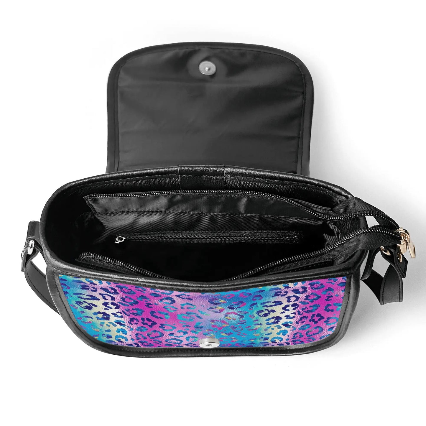 "Funky Leopard saddle handbag with vibrant abstract design, secure closure, and adjustable strap."