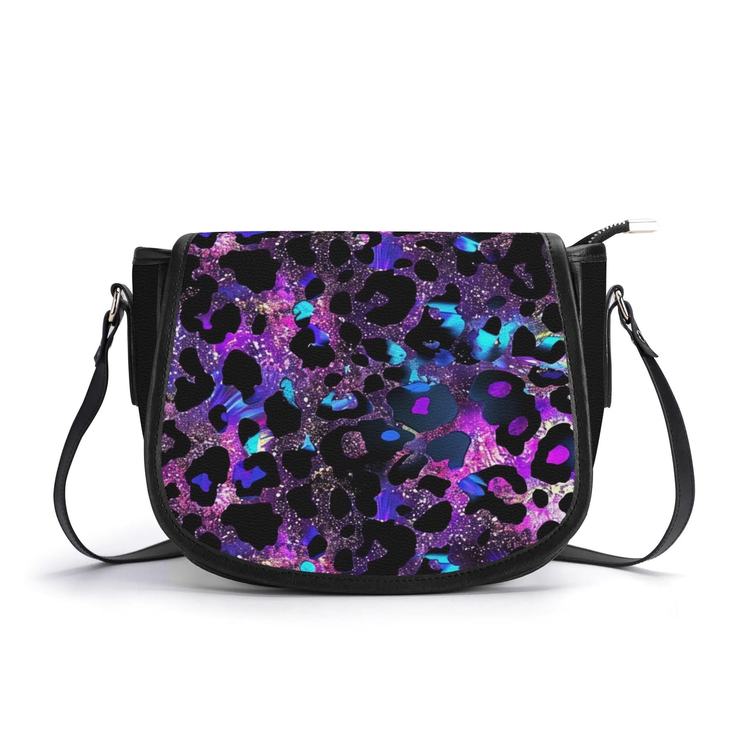 "Futuristic Leopard handbag in neon hues, featuring a sleek metal clasp and spacious interior."