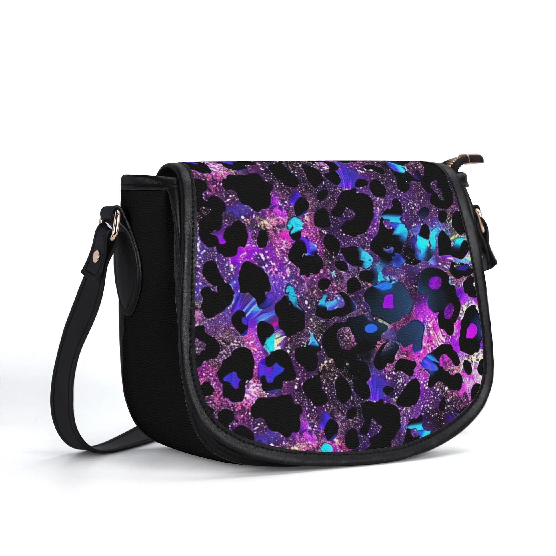 "Futuristic Leopard handbag in neon hues, featuring a sleek metal clasp and spacious interior."