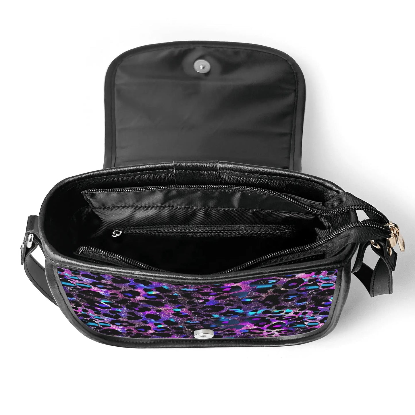 "Futuristic Leopard handbag in neon hues, featuring a sleek metal clasp and spacious interior."