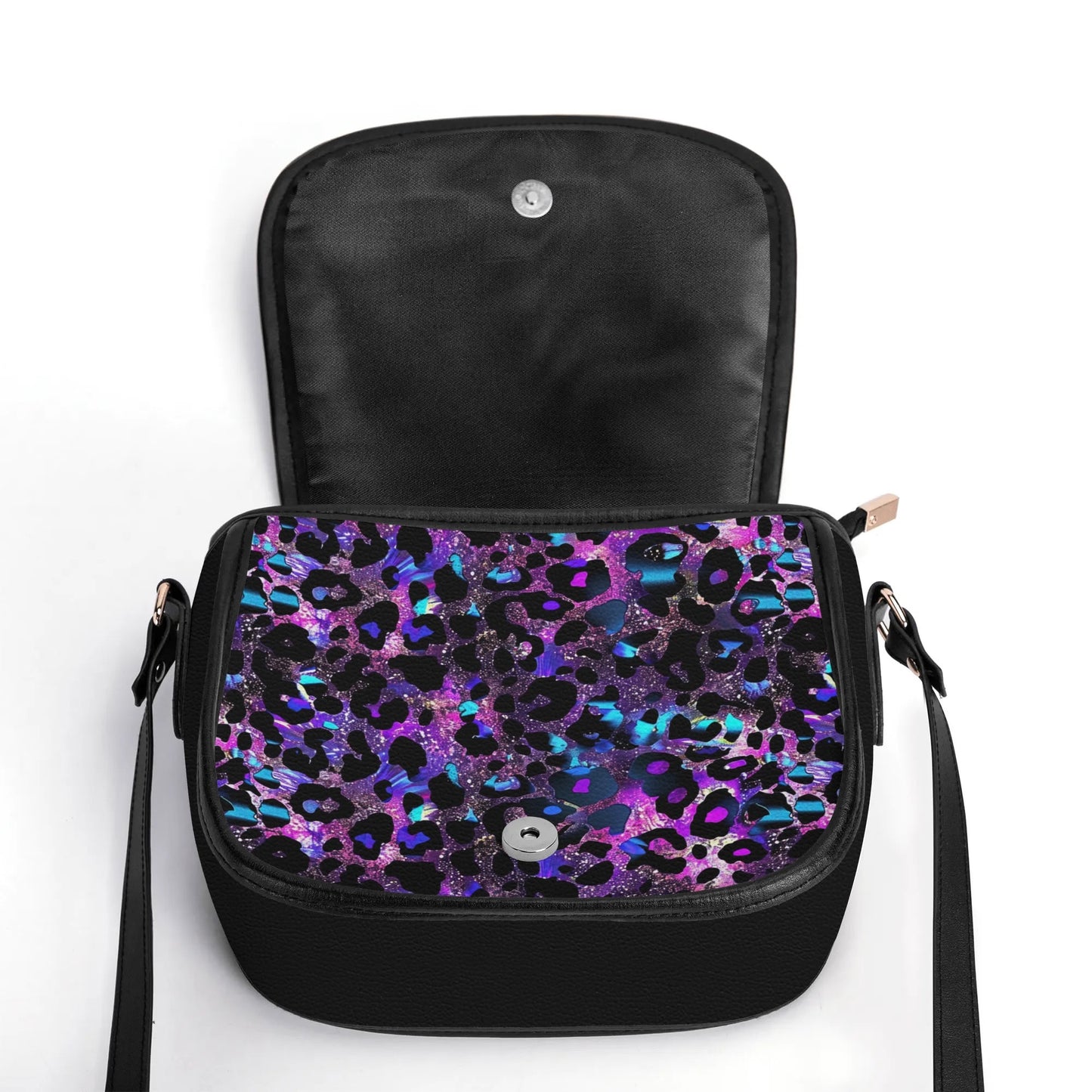 "Futuristic Leopard handbag in neon hues, featuring a sleek metal clasp and spacious interior."