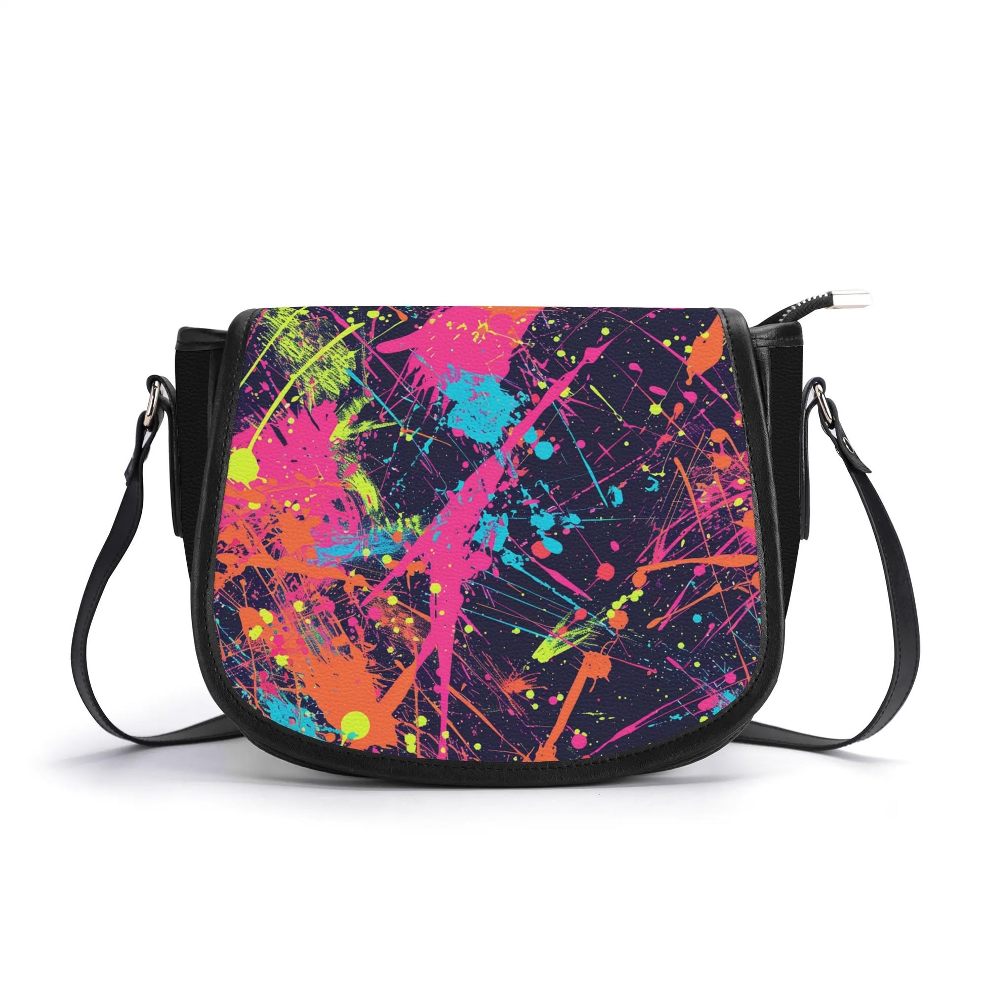 "Artistic Paint Splat saddle handbag with colorful design, secure zipper closure, and spacious interior."