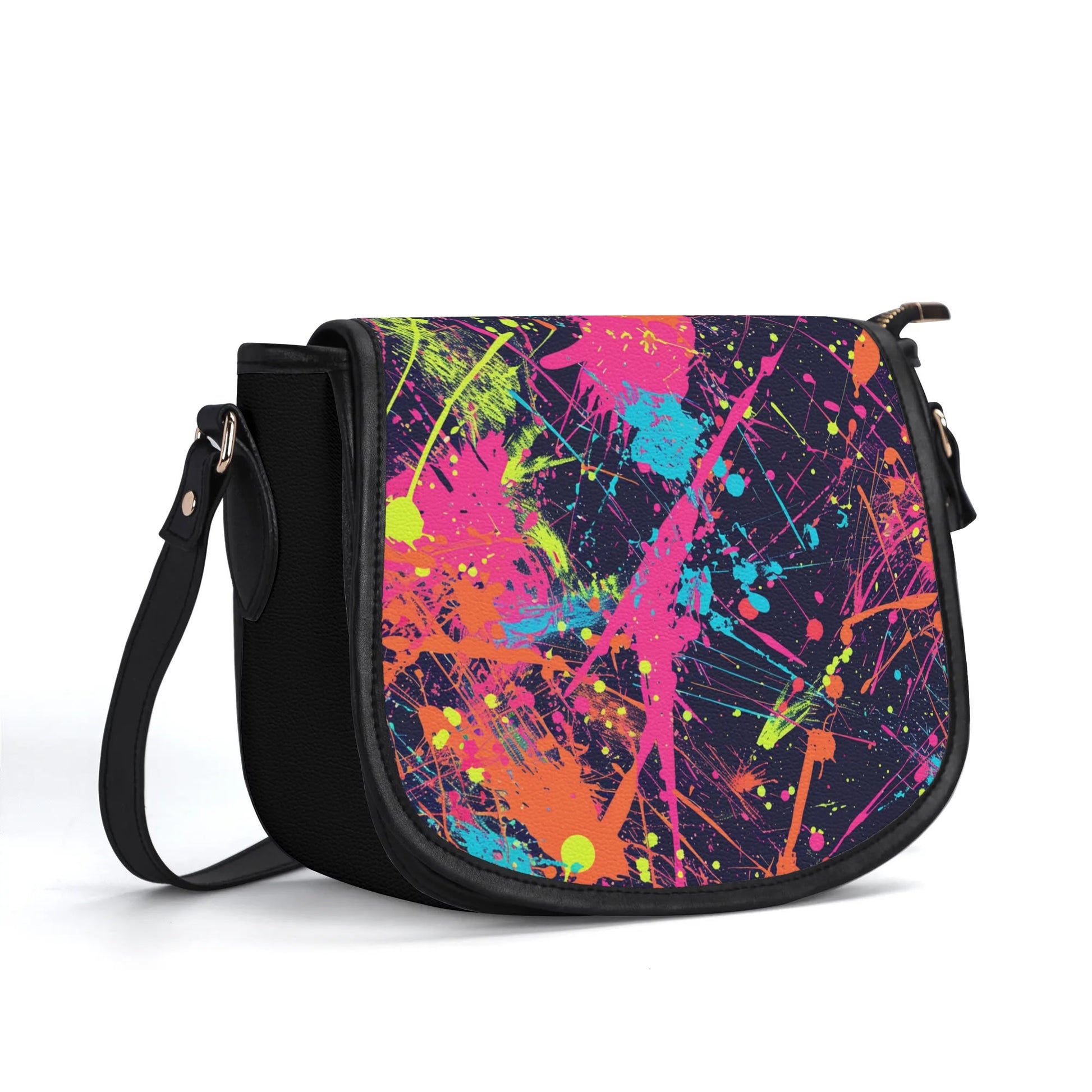 "Artistic Paint Splat saddle handbag with colorful design, secure zipper closure, and spacious interior."