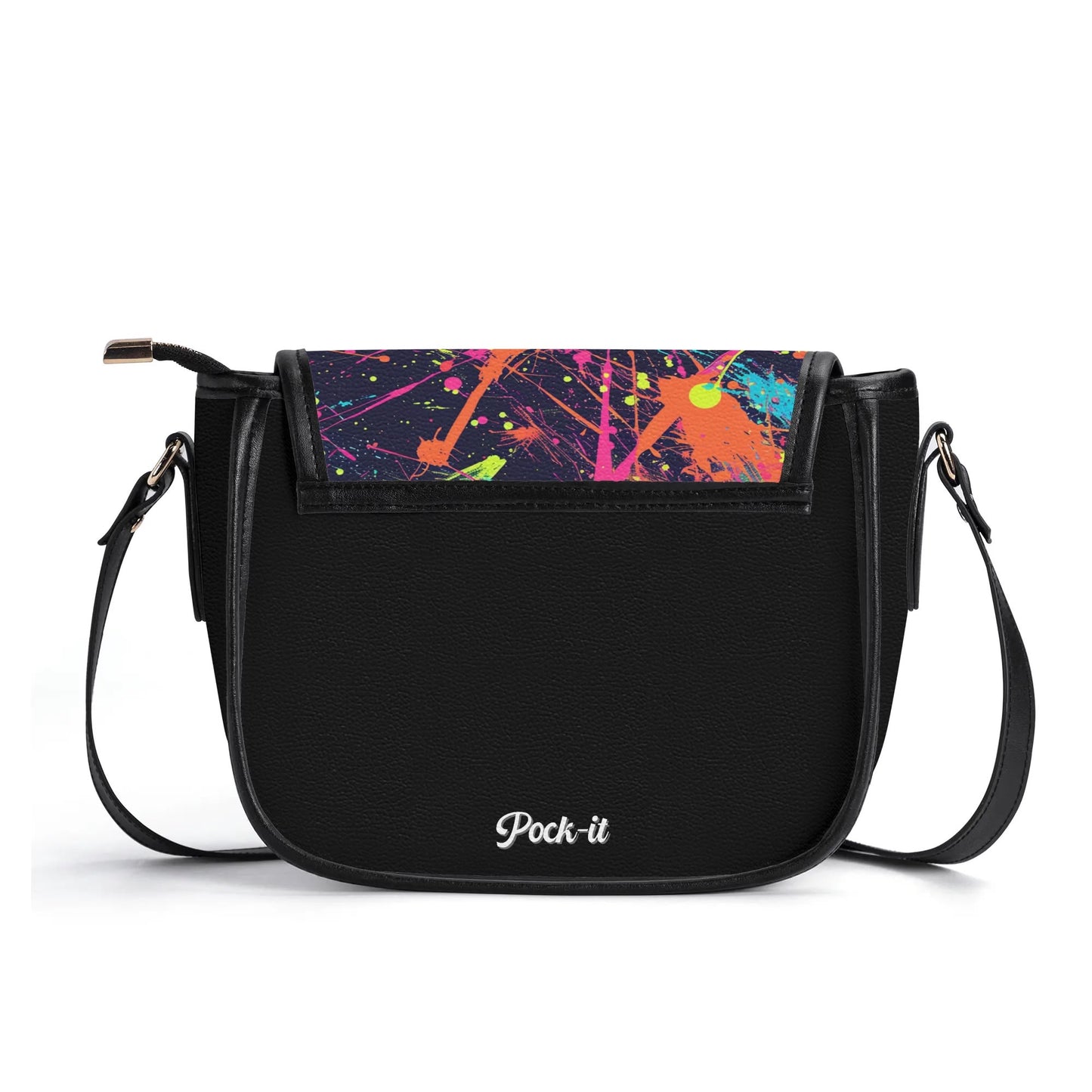 "Artistic Paint Splat saddle handbag with colorful design, secure zipper closure, and spacious interior."