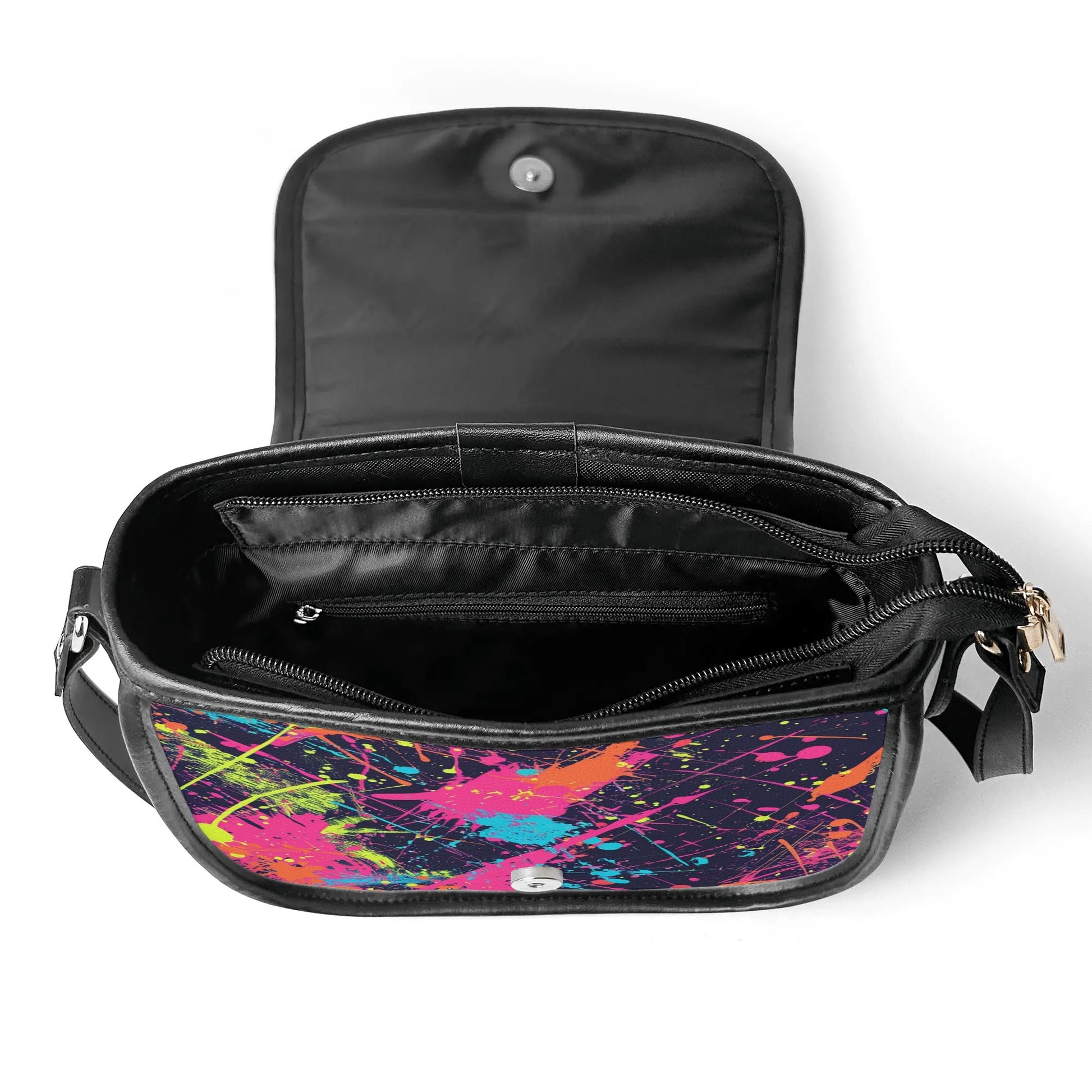 "Artistic Paint Splat saddle handbag with colorful design, secure zipper closure, and spacious interior."