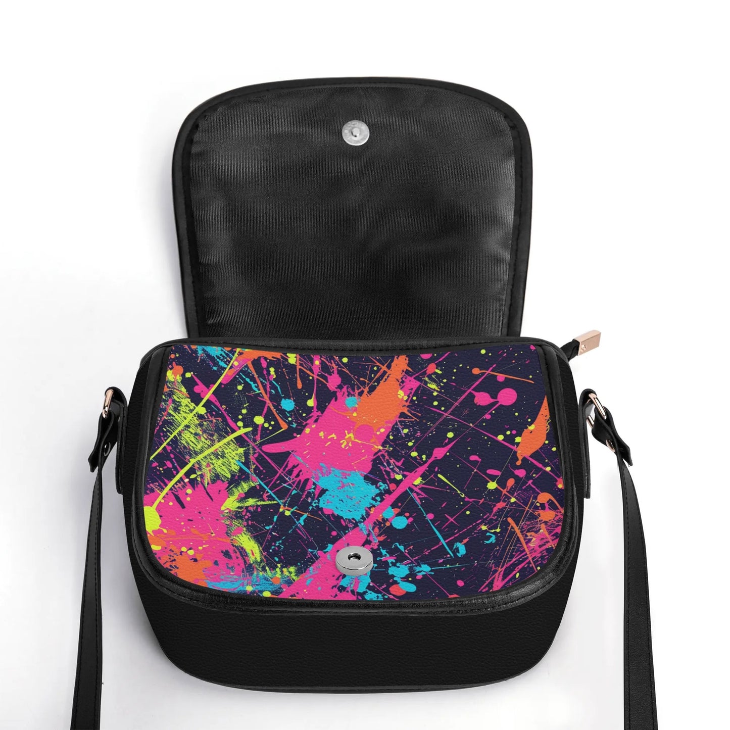 "Artistic Paint Splat saddle handbag with colorful design, secure zipper closure, and spacious interior."