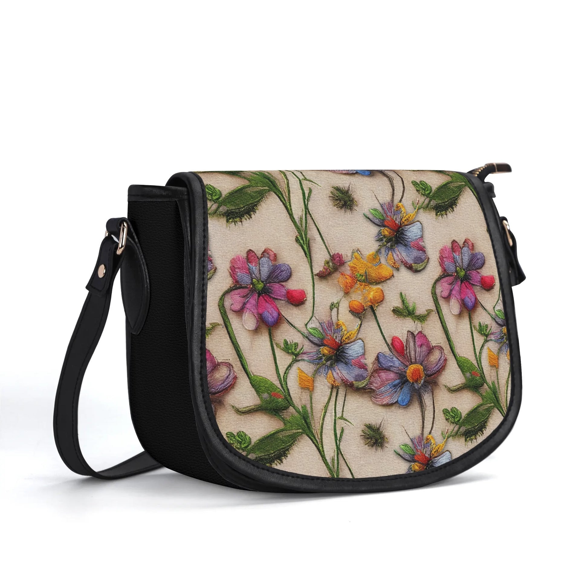 "Wildflower saddle handbag featuring a stunning 3D illusion of flowers, secure closure, and ample space."