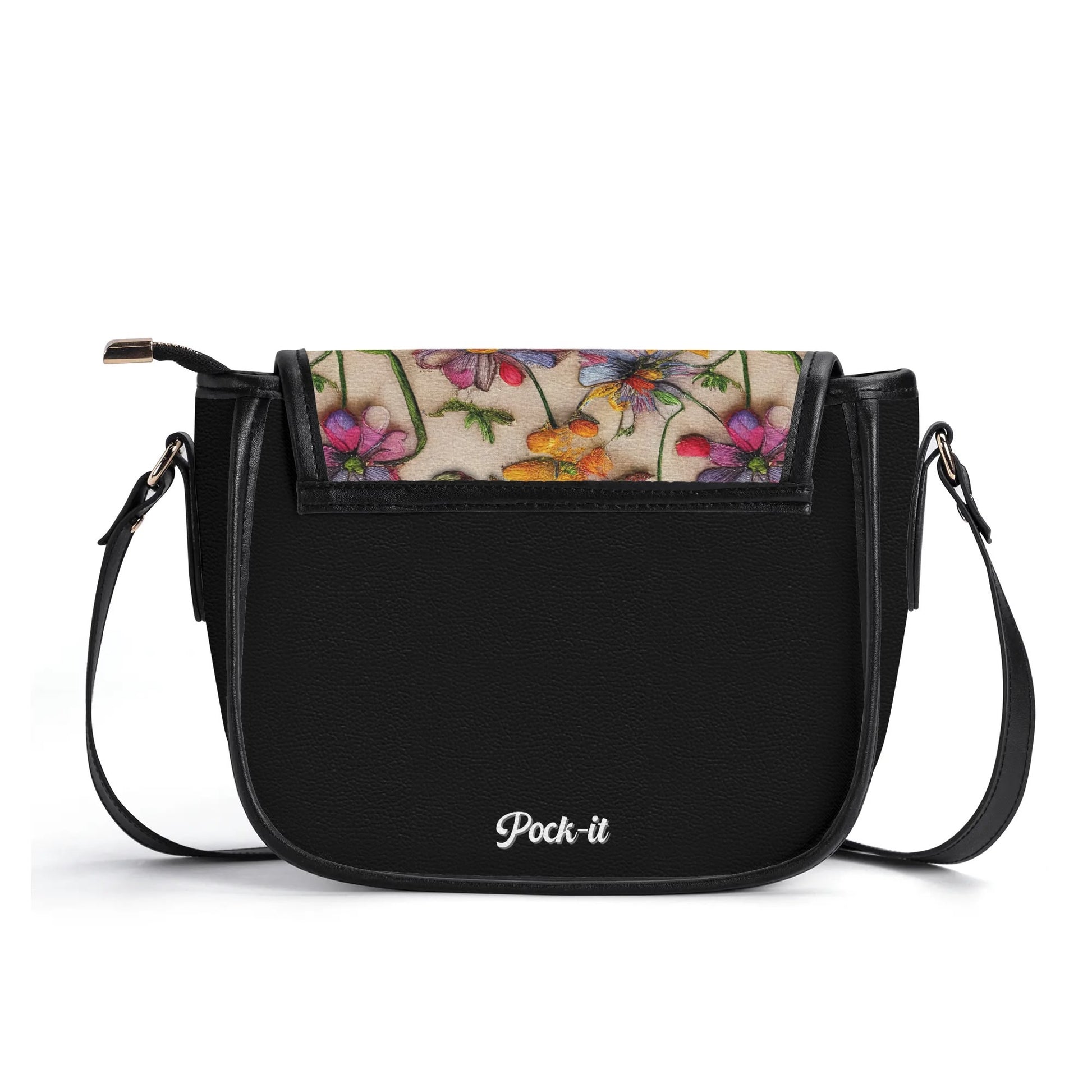 "Wildflower saddle handbag featuring a stunning 3D illusion of flowers, secure closure, and ample space."