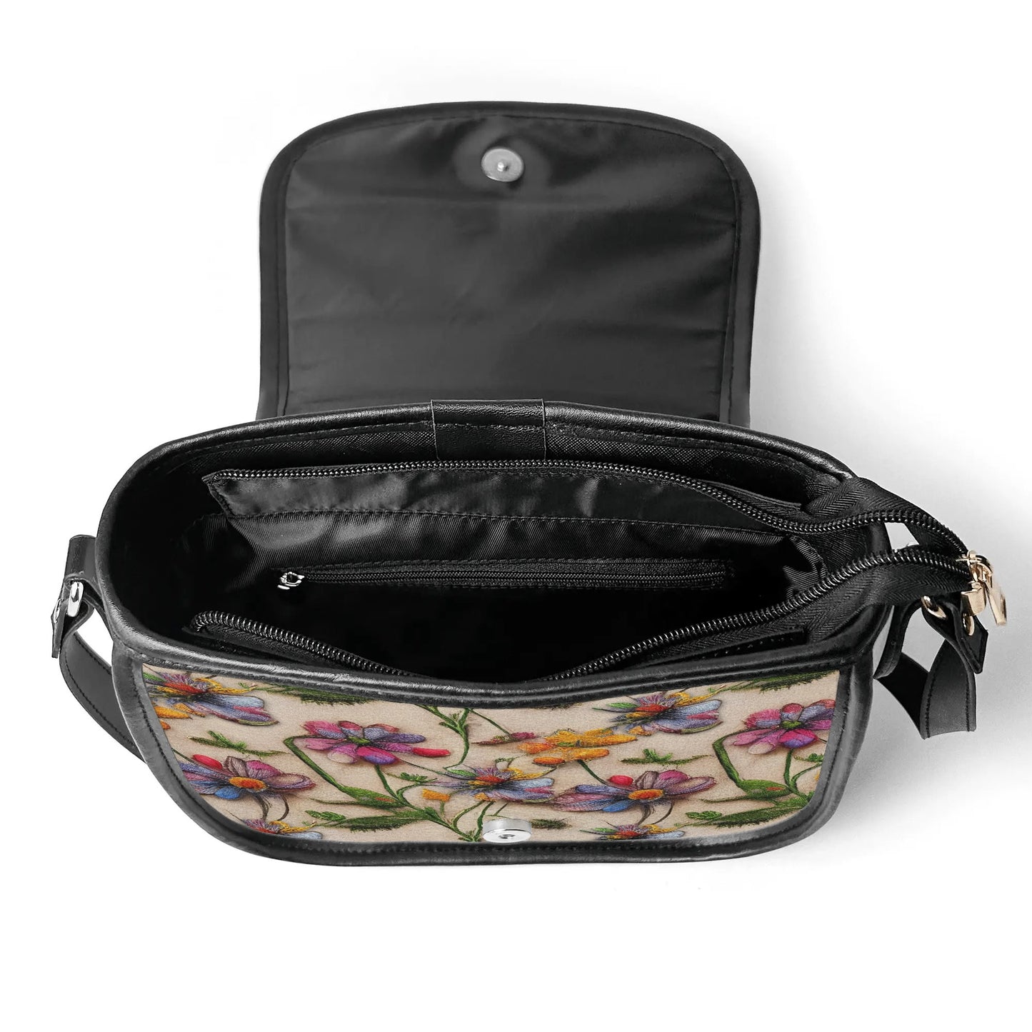 "Wildflower saddle handbag featuring a stunning 3D illusion of flowers, secure closure, and ample space."