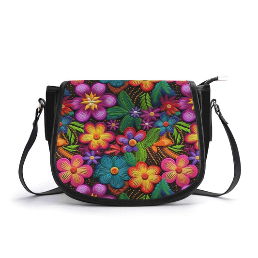 "Vibrant 3D Posy saddle handbag featuring colorful floral petals and a secure zipper closure."