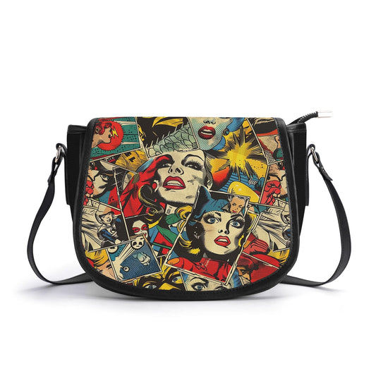 "Comic Strip saddle handbag with pop art panels, sleek design, and spacious black interior."