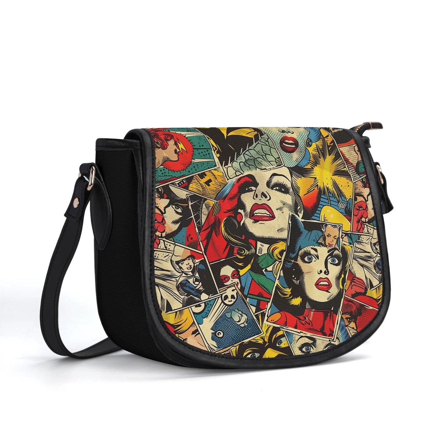 "Comic Strip saddle handbag with pop art panels, sleek design, and spacious black interior."