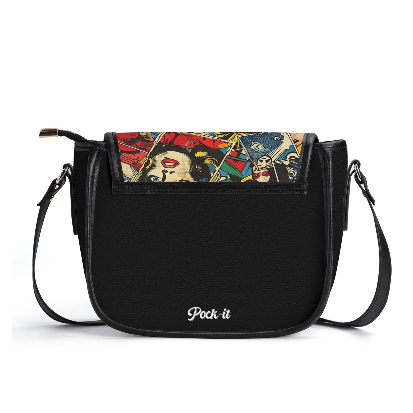 "Comic Strip saddle handbag with pop art panels, sleek design, and spacious black interior."