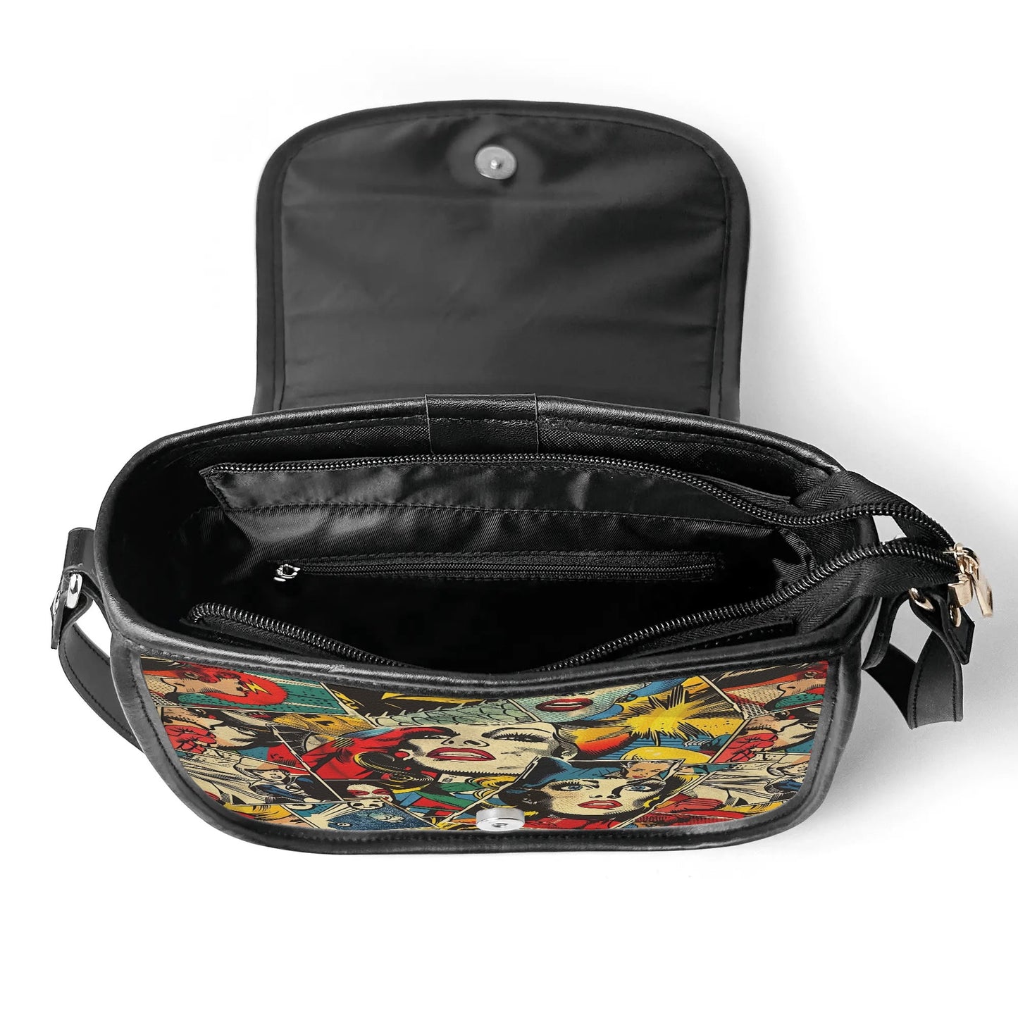 "Comic Strip saddle handbag with pop art panels, sleek design, and spacious black interior."