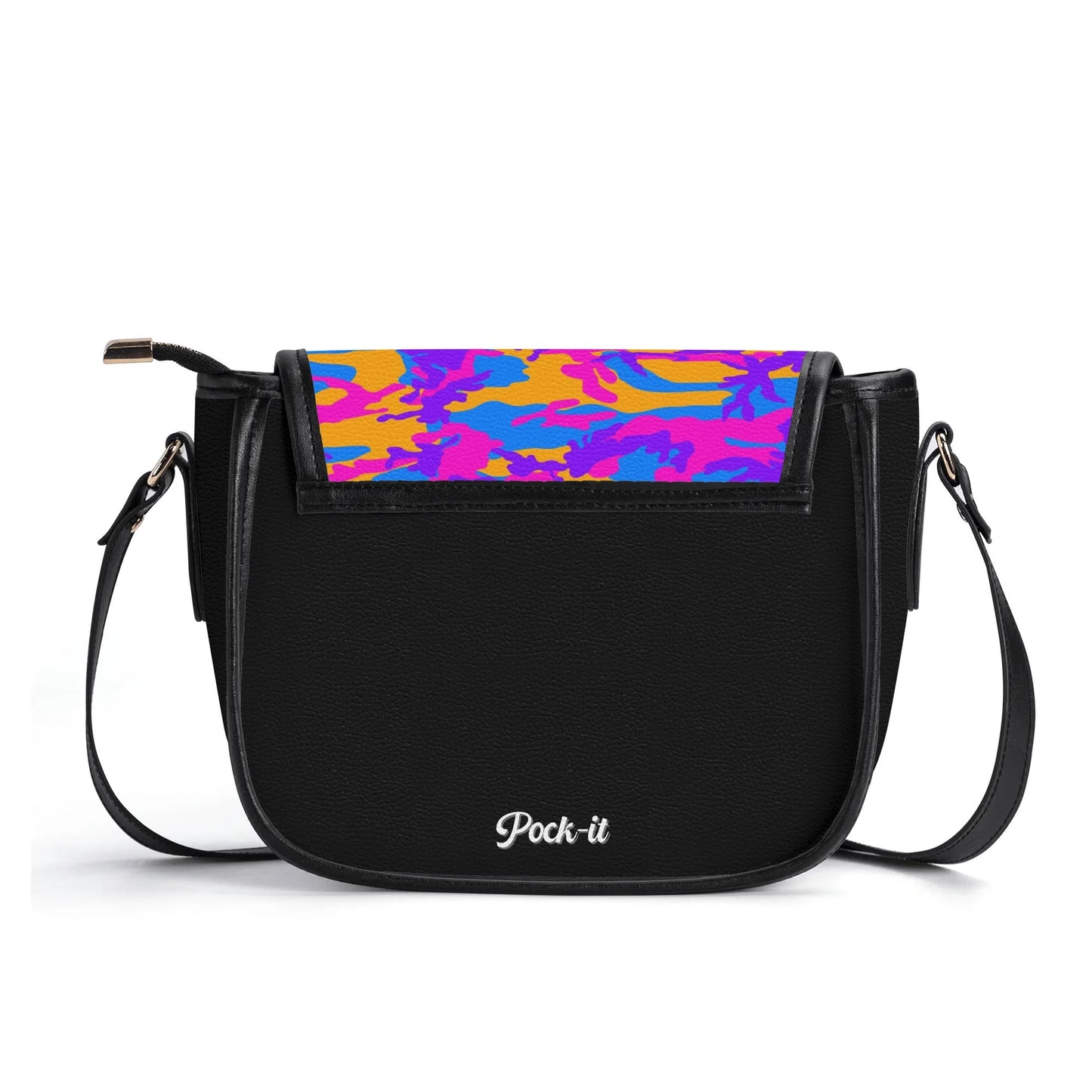 "Storm Camo saddle handbag with vibrant swirls of color, secure closure, and adjustable shoulder strap."