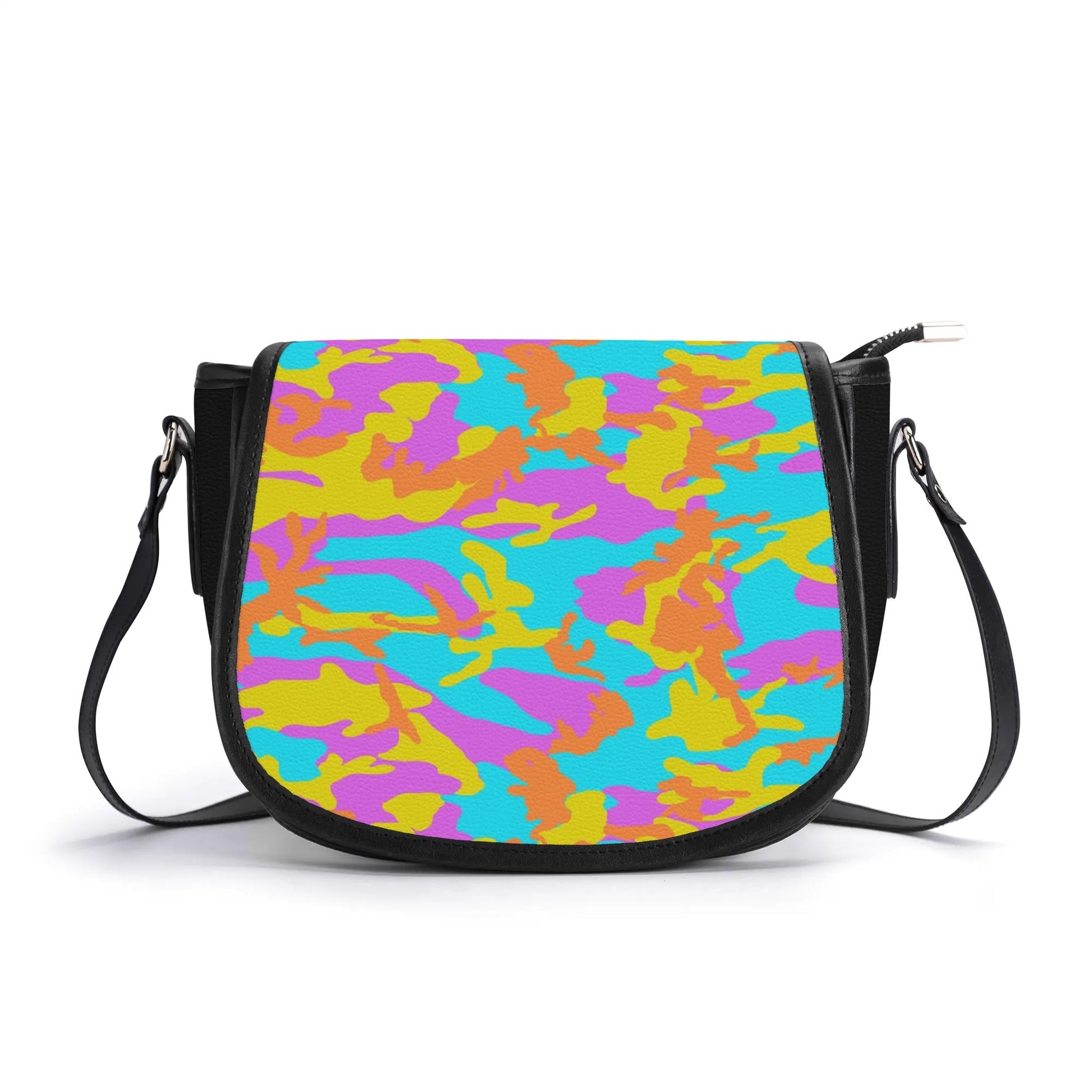 "Thunder Camo handbag featuring energetic colors, secure zipper closure, and spacious black interior."