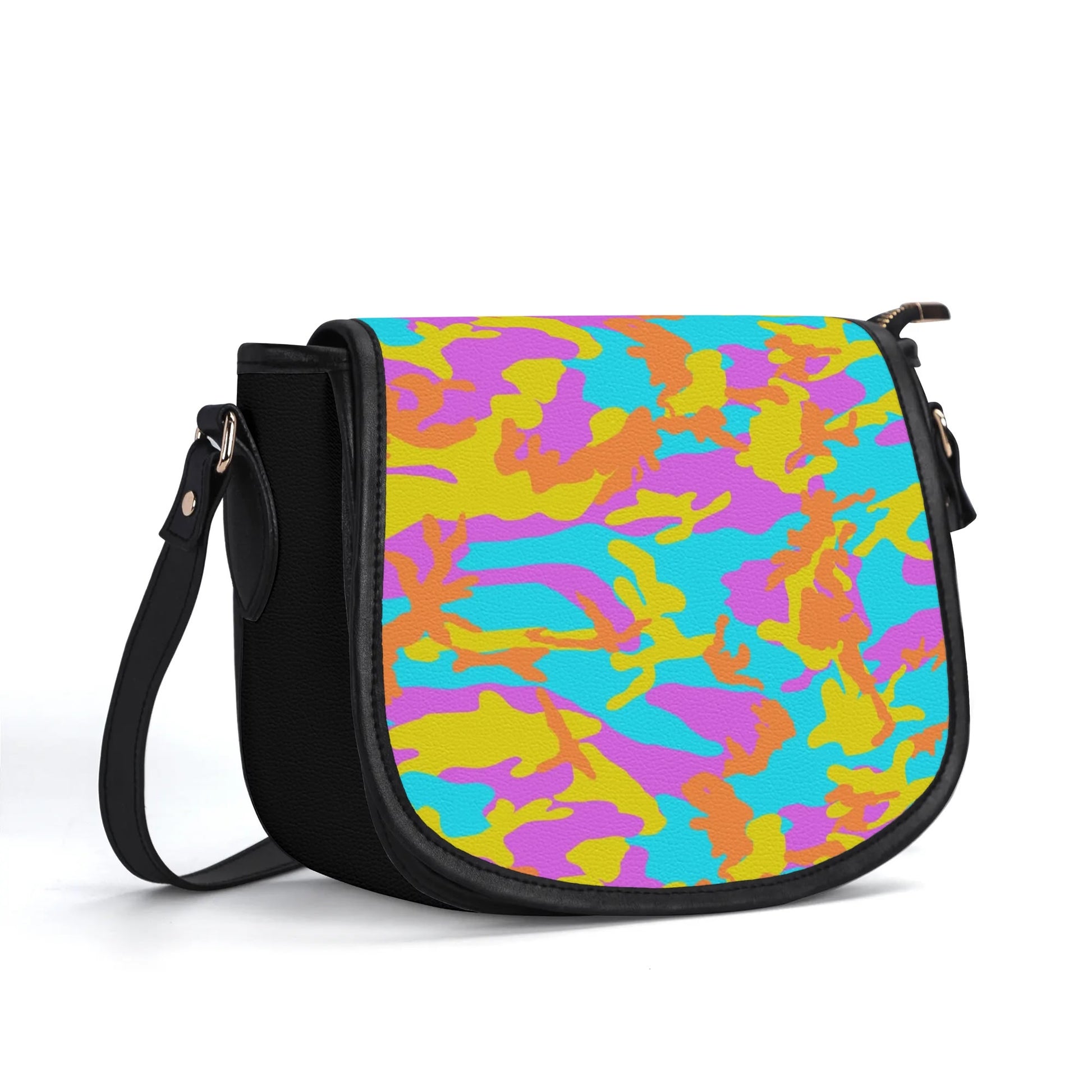 "Thunder Camo handbag featuring energetic colors, secure zipper closure, and spacious black interior."