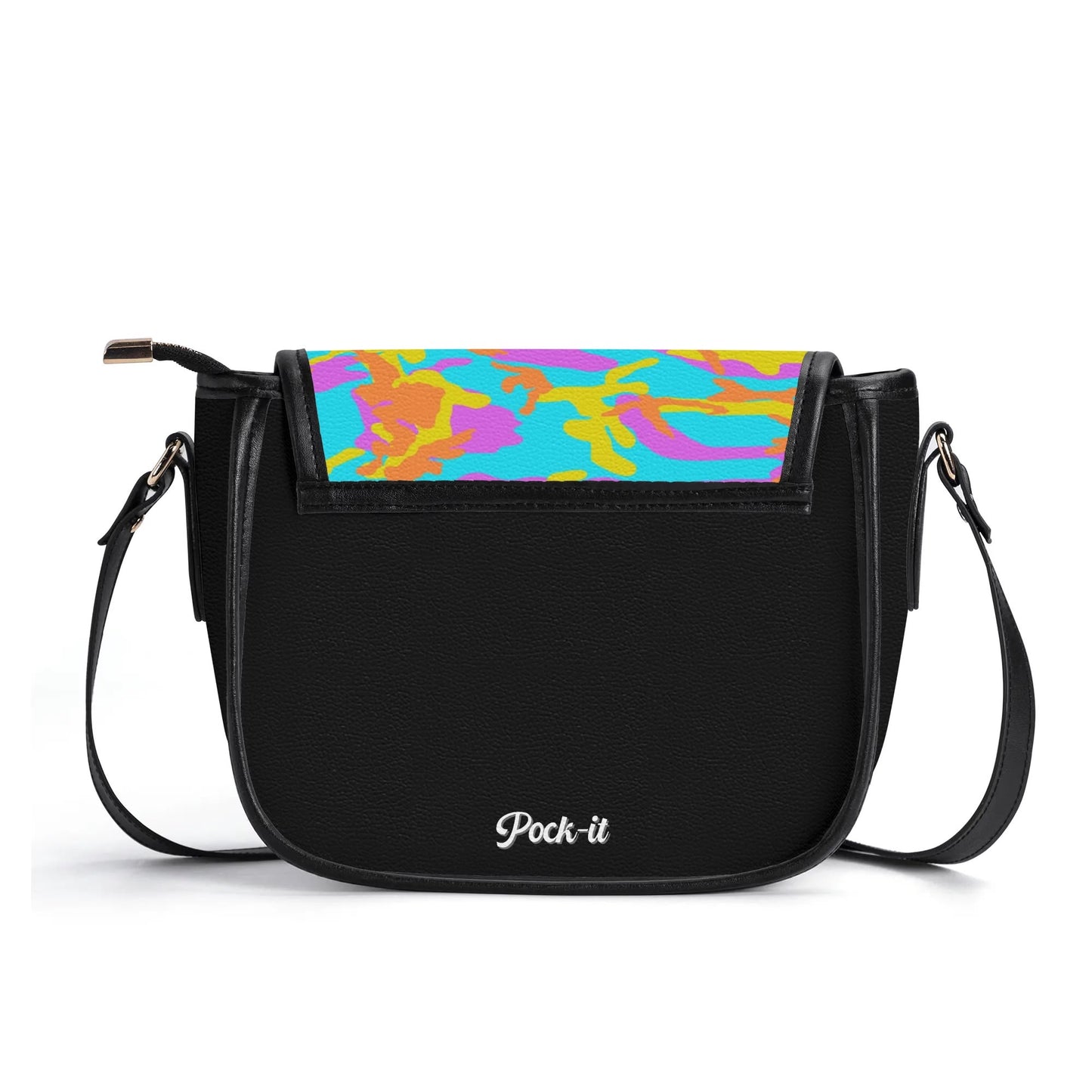 "Thunder Camo handbag featuring energetic colors, secure zipper closure, and spacious black interior."