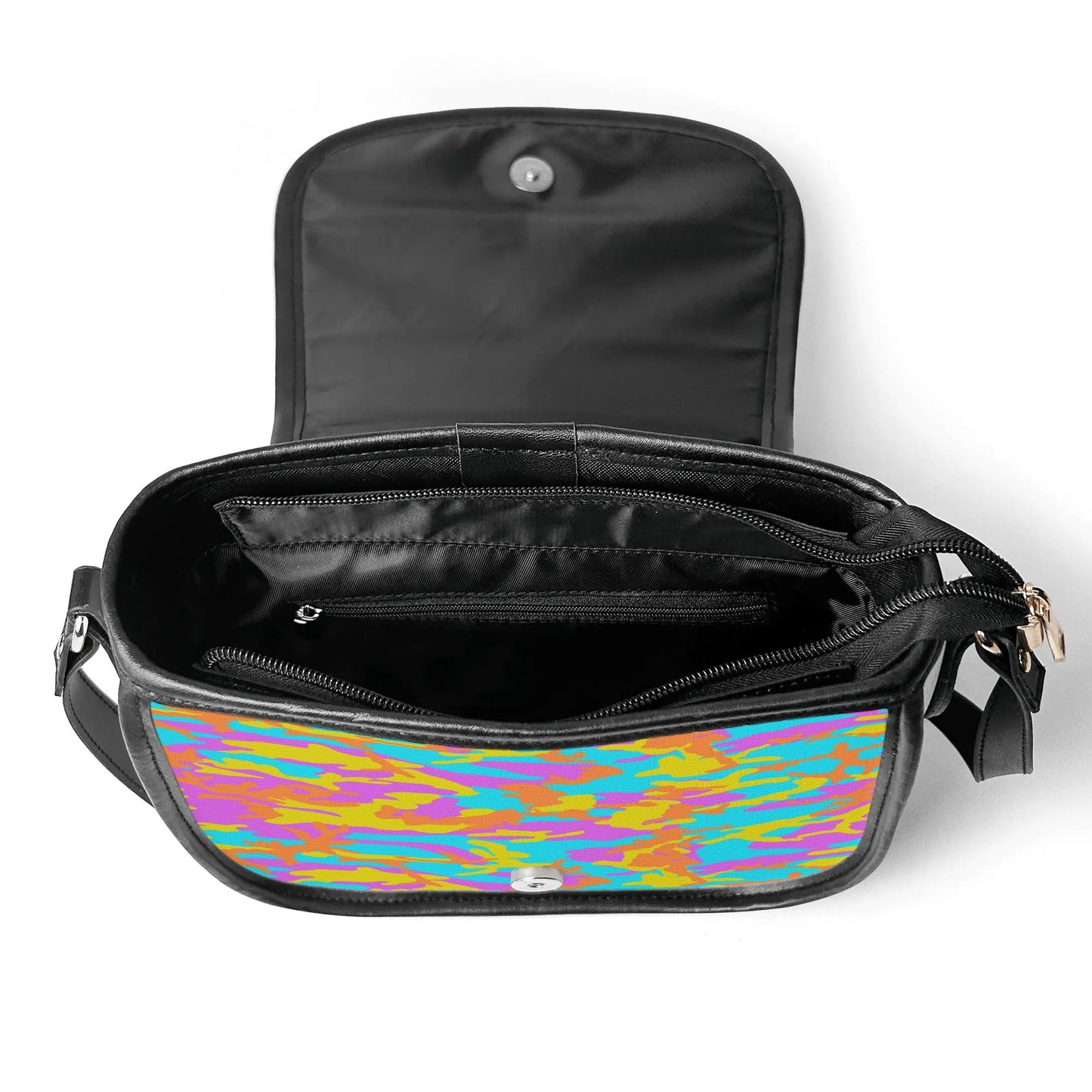 "Thunder Camo handbag featuring energetic colors, secure zipper closure, and spacious black interior."