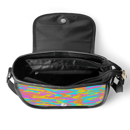 "Thunder Camo handbag featuring energetic colors, secure zipper closure, and spacious black interior."