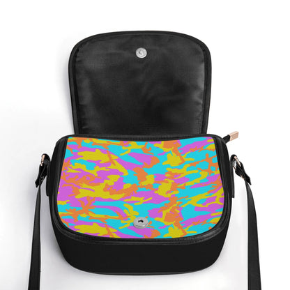 "Thunder Camo handbag featuring energetic colors, secure zipper closure, and spacious black interior."