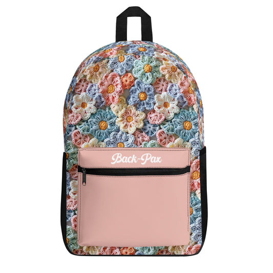 "'The Posy' Backpack showcases colorful flower petals in a crochet look for nature lovers."