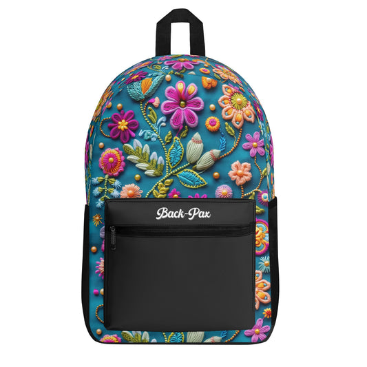 "Petal Pop Backpack with colorful flower print and embroidered look for a youthful vibe."
