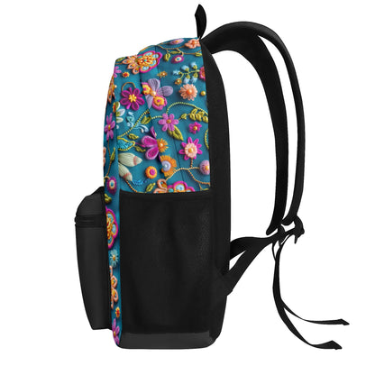 "Petal Pop Backpack with colorful flower print and embroidered look for a youthful vibe."
