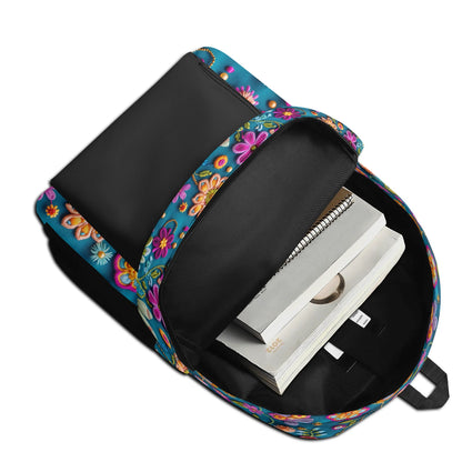 "Petal Pop Backpack with colorful flower print and embroidered look for a youthful vibe."
