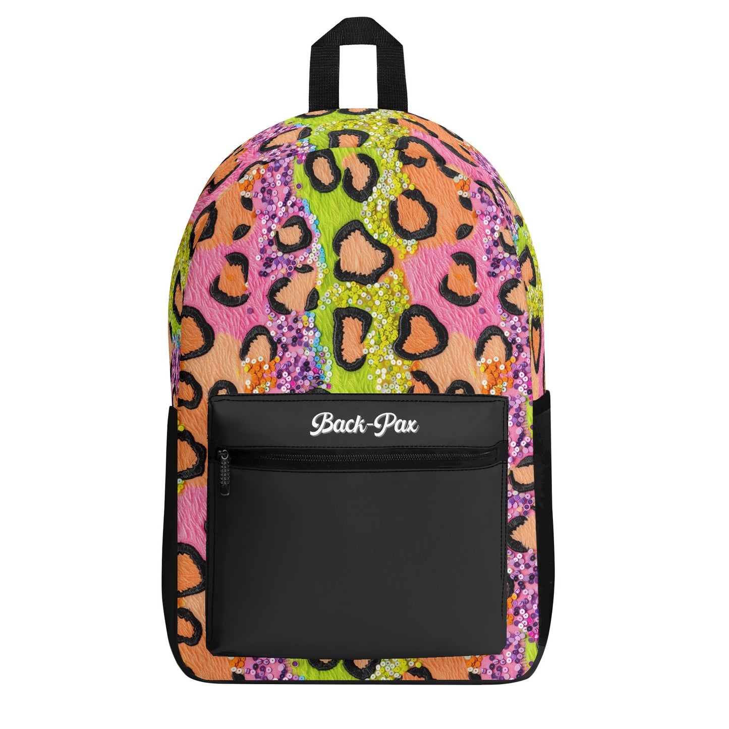 "Wild Sparkle Backpack features a vibrant leopard print enhanced with sequins for a glam look."