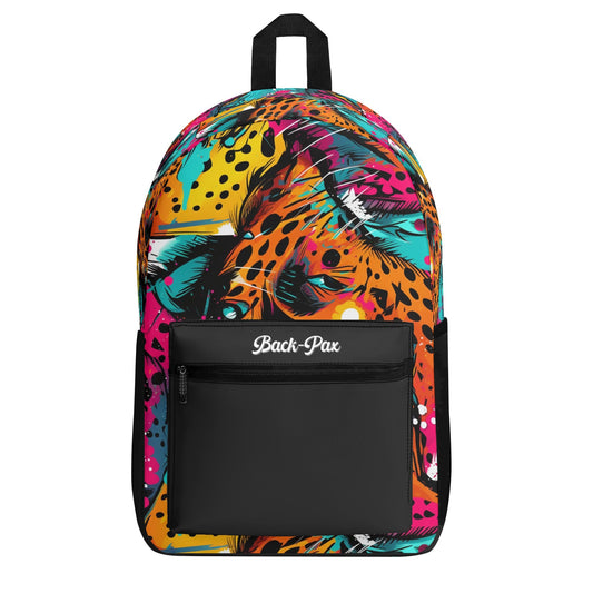 The BackPax Backpack - Wild Leopard by ShitHot. An abstract neon design adorned with captivating eyes that peep through a vivid tapestry of wild leopard spots.