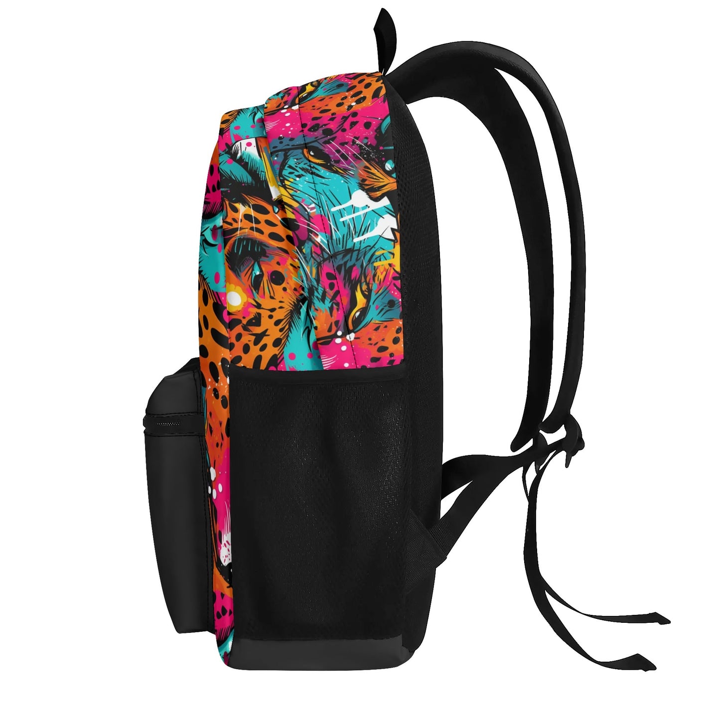 The BackPax Backpack - Wild Leopard by ShitHot. An abstract neon design adorned with captivating eyes that peep through a vivid tapestry of wild leopard spots.