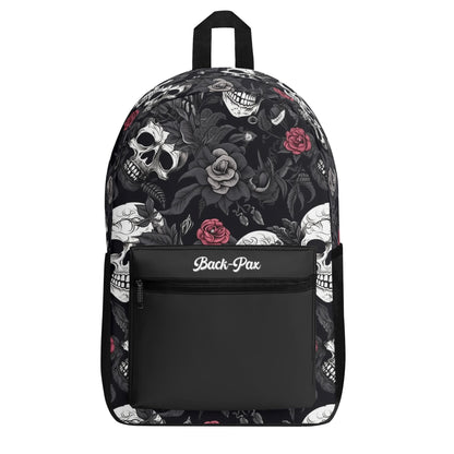 "Skull Rebel Backpack with black and white skulls adorned with red roses for a bold statement."