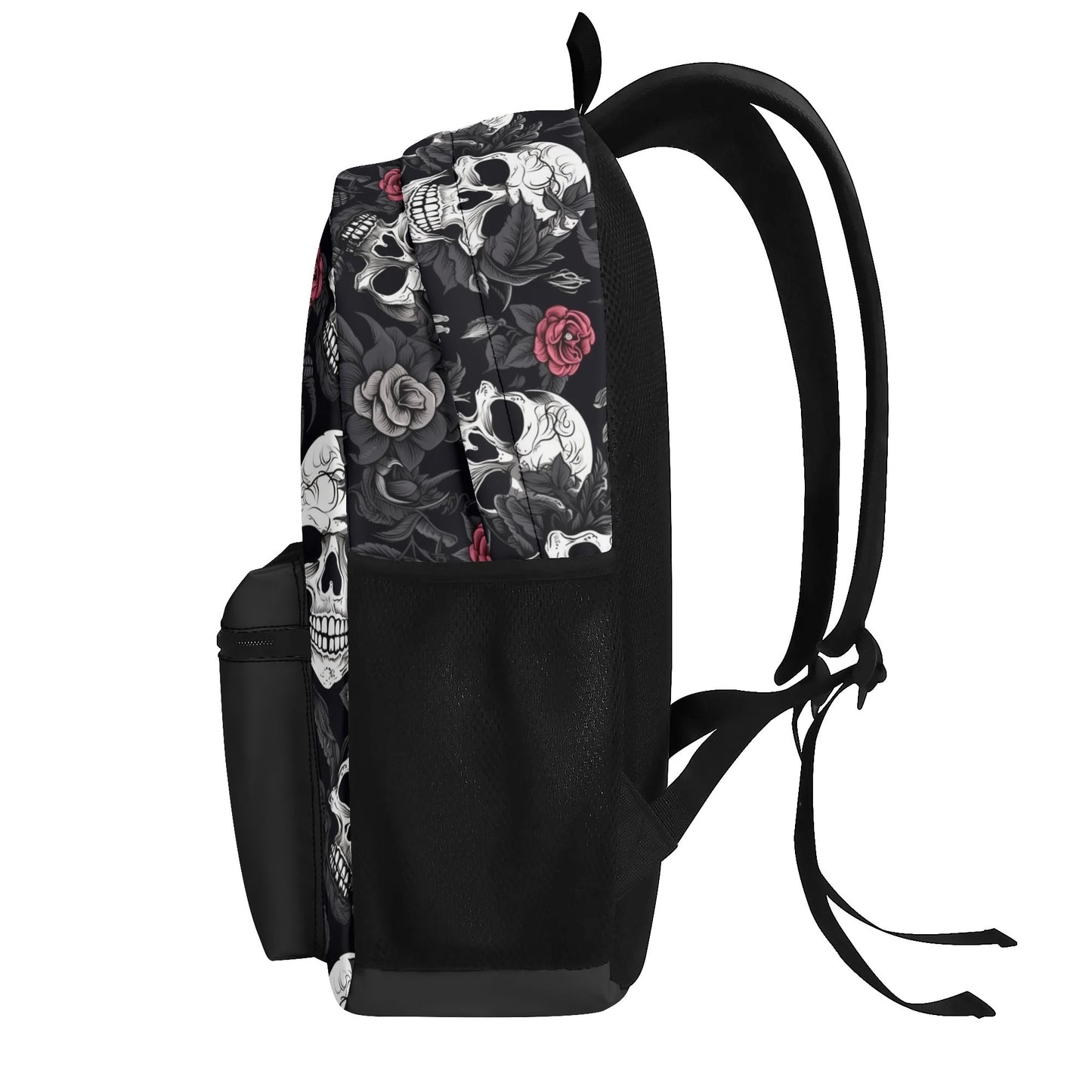 "Skull Rebel Backpack with black and white skulls adorned with red roses for a bold statement."