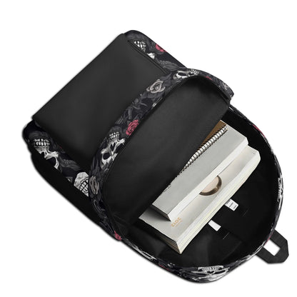 "Skull Rebel Backpack with black and white skulls adorned with red roses for a bold statement."