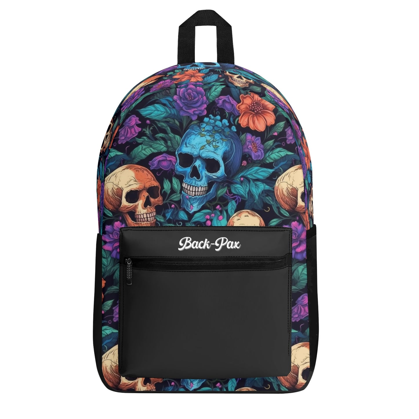 "Skull Garden Backpack features colorful flowers surrounding black and white skulls for an edgy look."