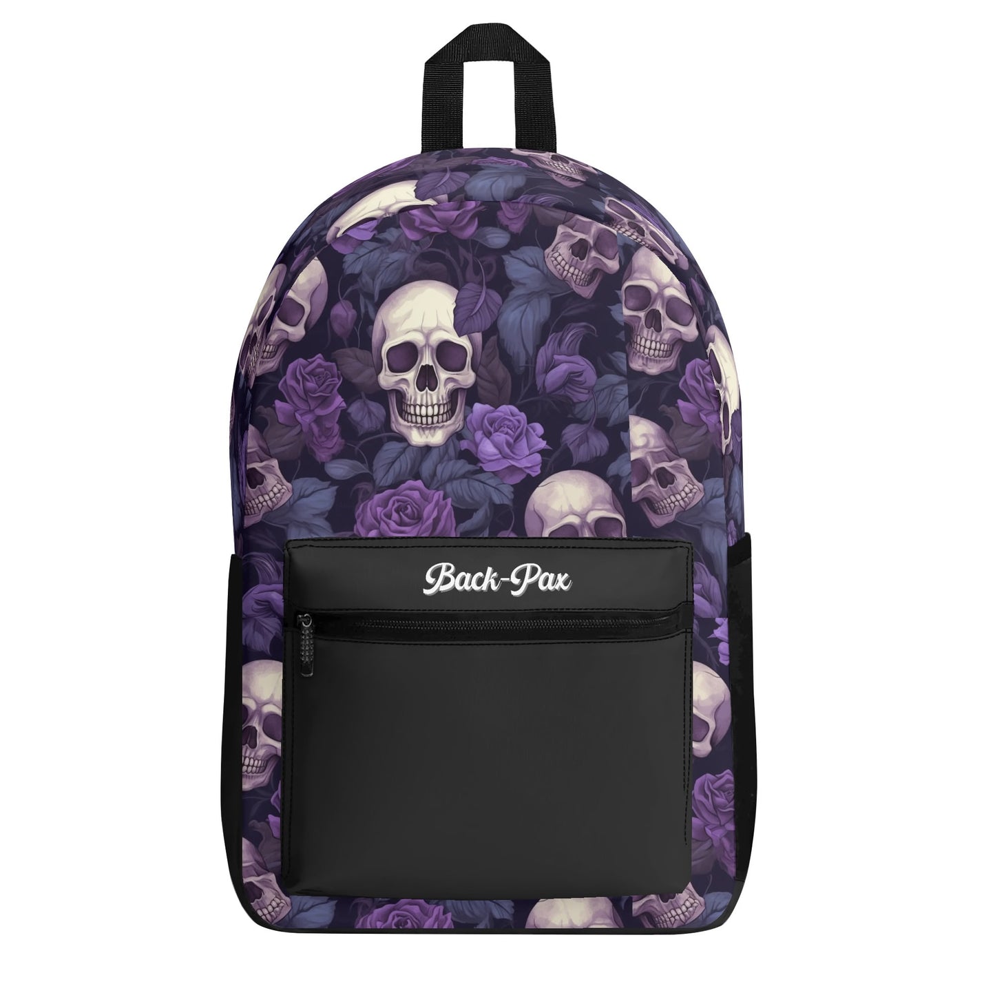 "Gothic Garden Backpack features black and white skulls adorned with bright purple flowers."