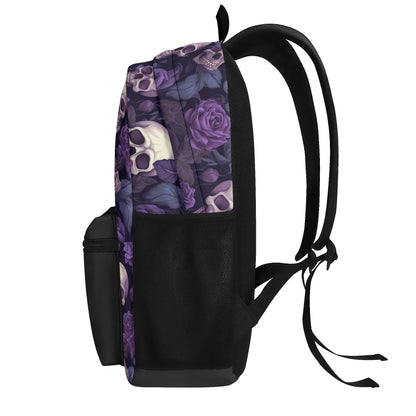 "Gothic Garden Backpack features black and white skulls adorned with bright purple flowers."