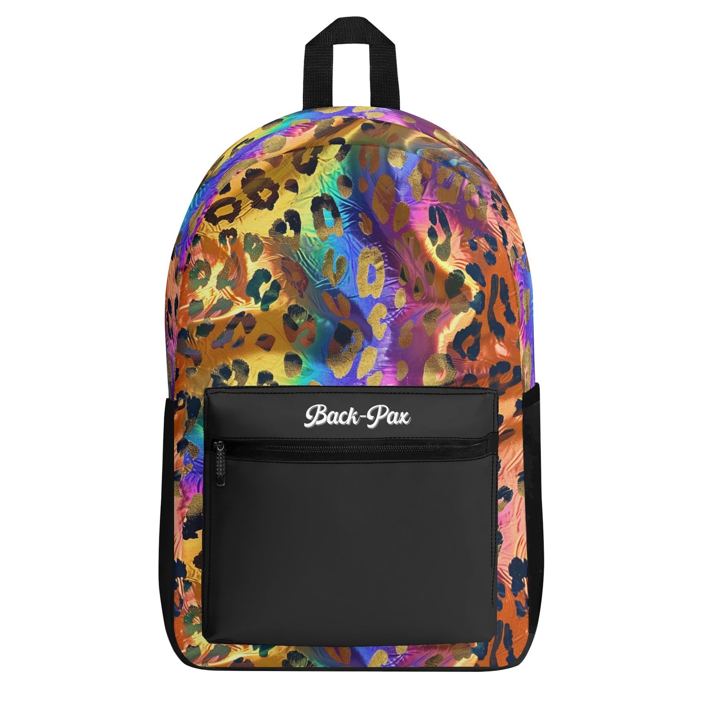 "Opulent Leopard Backpack with shimmering gold spots over a colorful leopard print."