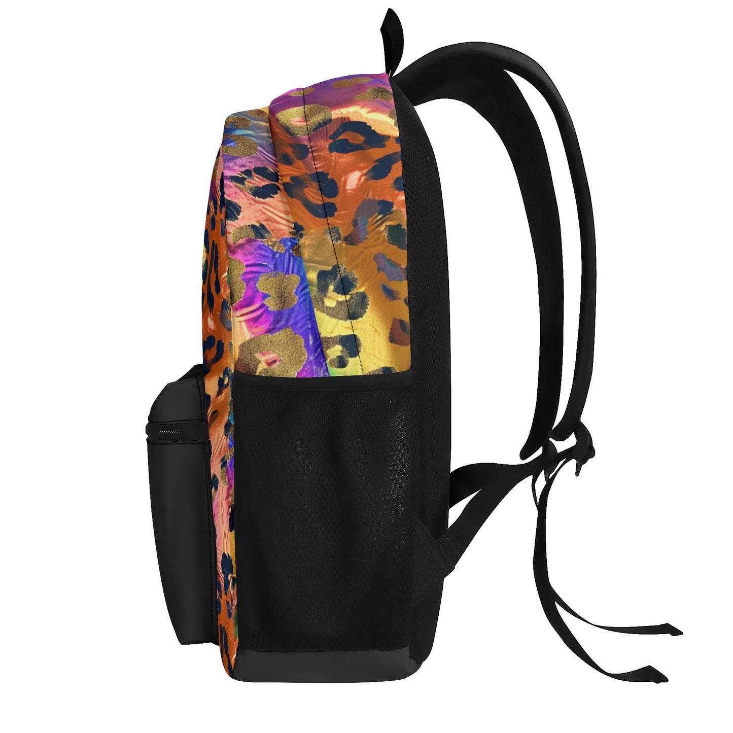 "Opulent Leopard Backpack with shimmering gold spots over a colorful leopard print."