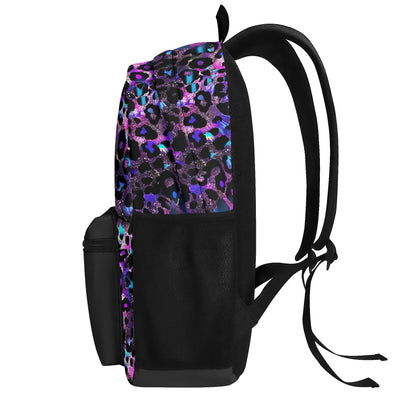 "Futuristic Leopard Backpack with neon blue and purple hues for a modern, bold look."