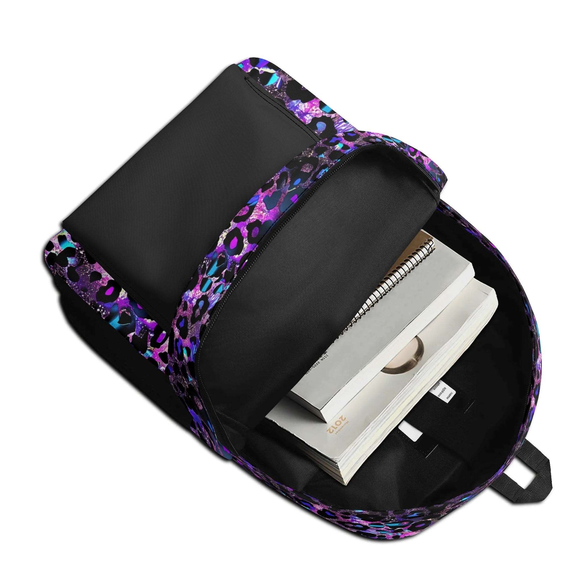 "Futuristic Leopard Backpack with neon blue and purple hues for a modern, bold look."