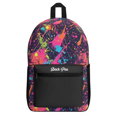 "Paint Splat Backpack features vibrant colors splashed across the fabric for an artistic look."