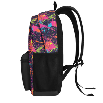 "Paint Splat Backpack features vibrant colors splashed across the fabric for an artistic look."