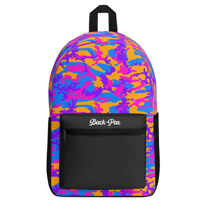 "Storm Camo Backpack features swirls of deep purples, blues, and oranges for an adventurous vibe."