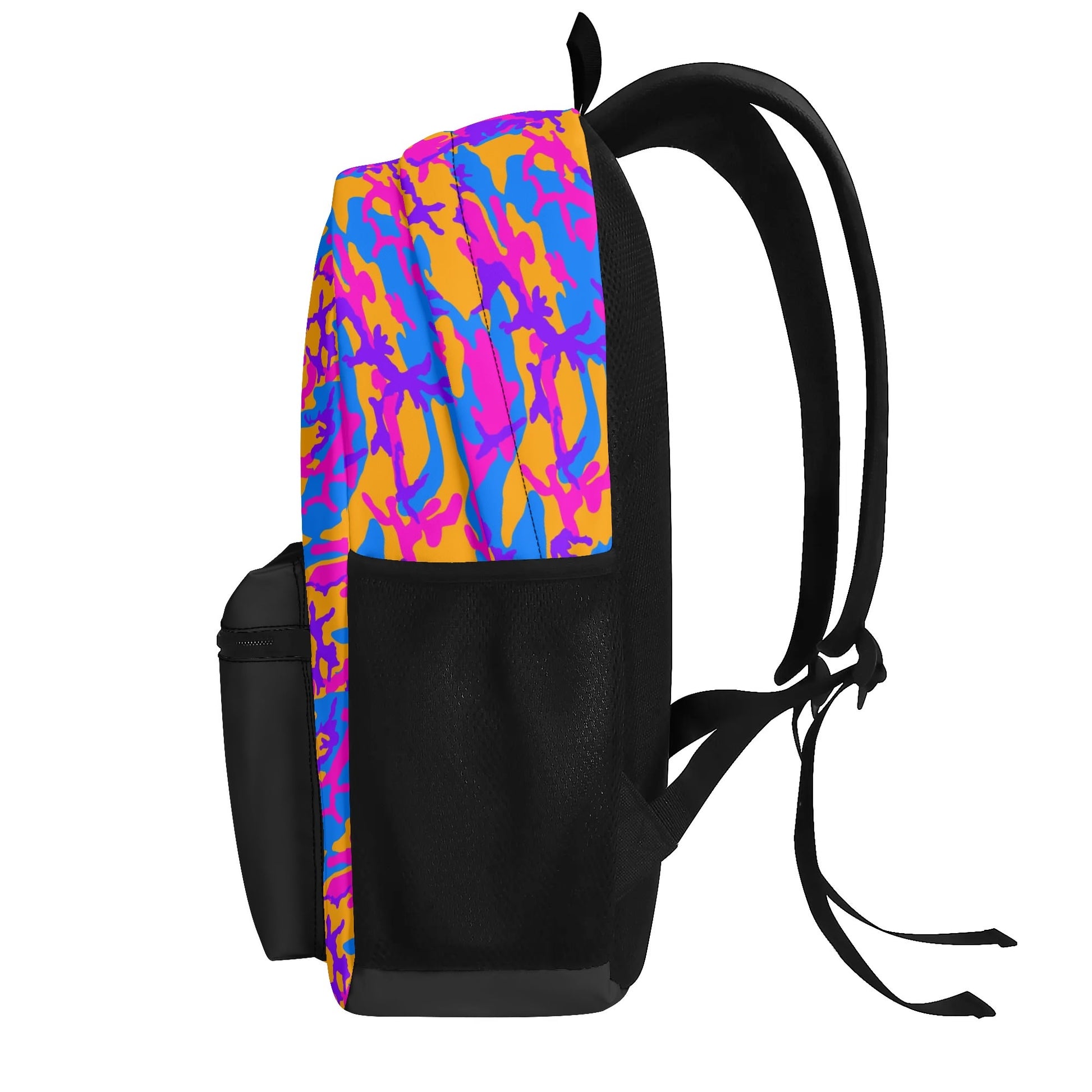 "Storm Camo Backpack features swirls of deep purples, blues, and oranges for an adventurous vibe."