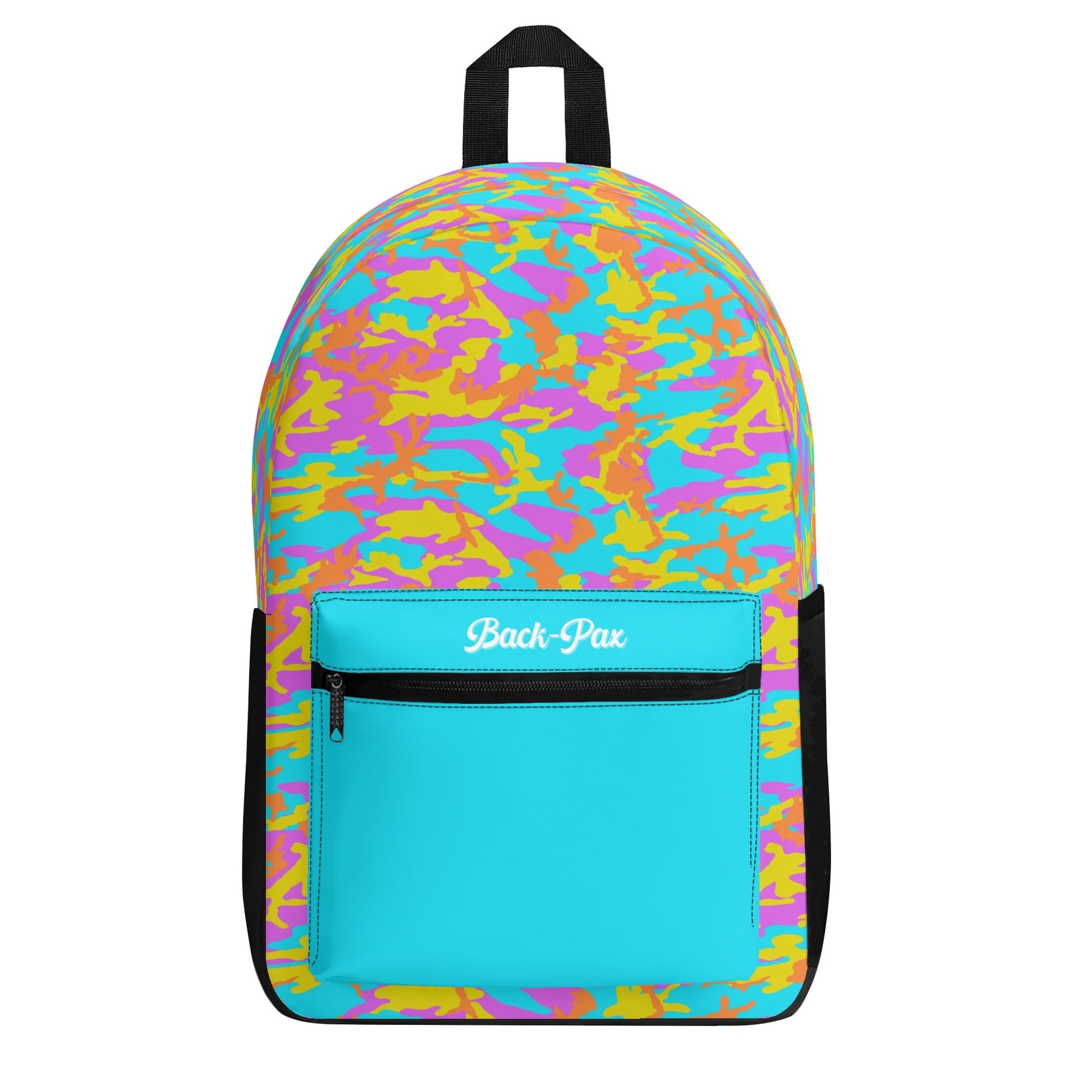 "Thunder Camo Backpack with vibrant swirls of blue, yellow, and orange for adventurous souls."