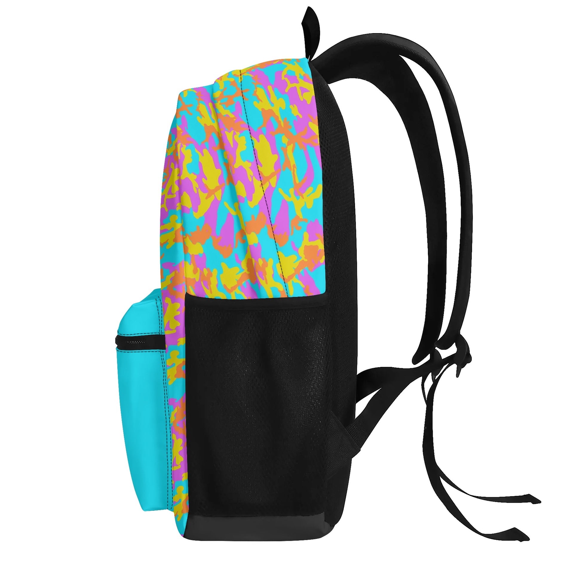 "Thunder Camo Backpack with vibrant swirls of blue, yellow, and orange for adventurous souls."